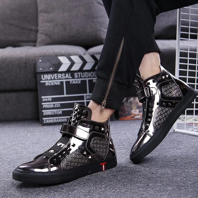 England style mens casual breathable patent leather shoes hip hop oxfords shoe flat platform motorcycle ankle boots zapatos male