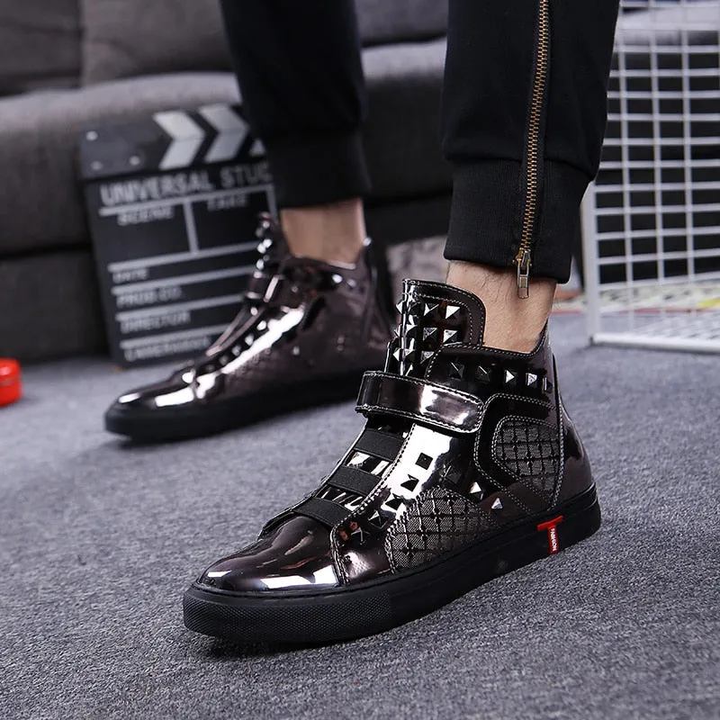 England style mens casual breathable patent leather shoes hip hop oxfords shoe flat platform motorcycle ankle boots zapatos male