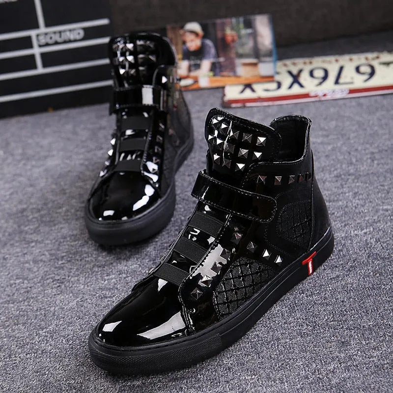England style mens casual breathable patent leather shoes hip hop oxfords shoe flat platform motorcycle ankle boots zapatos male