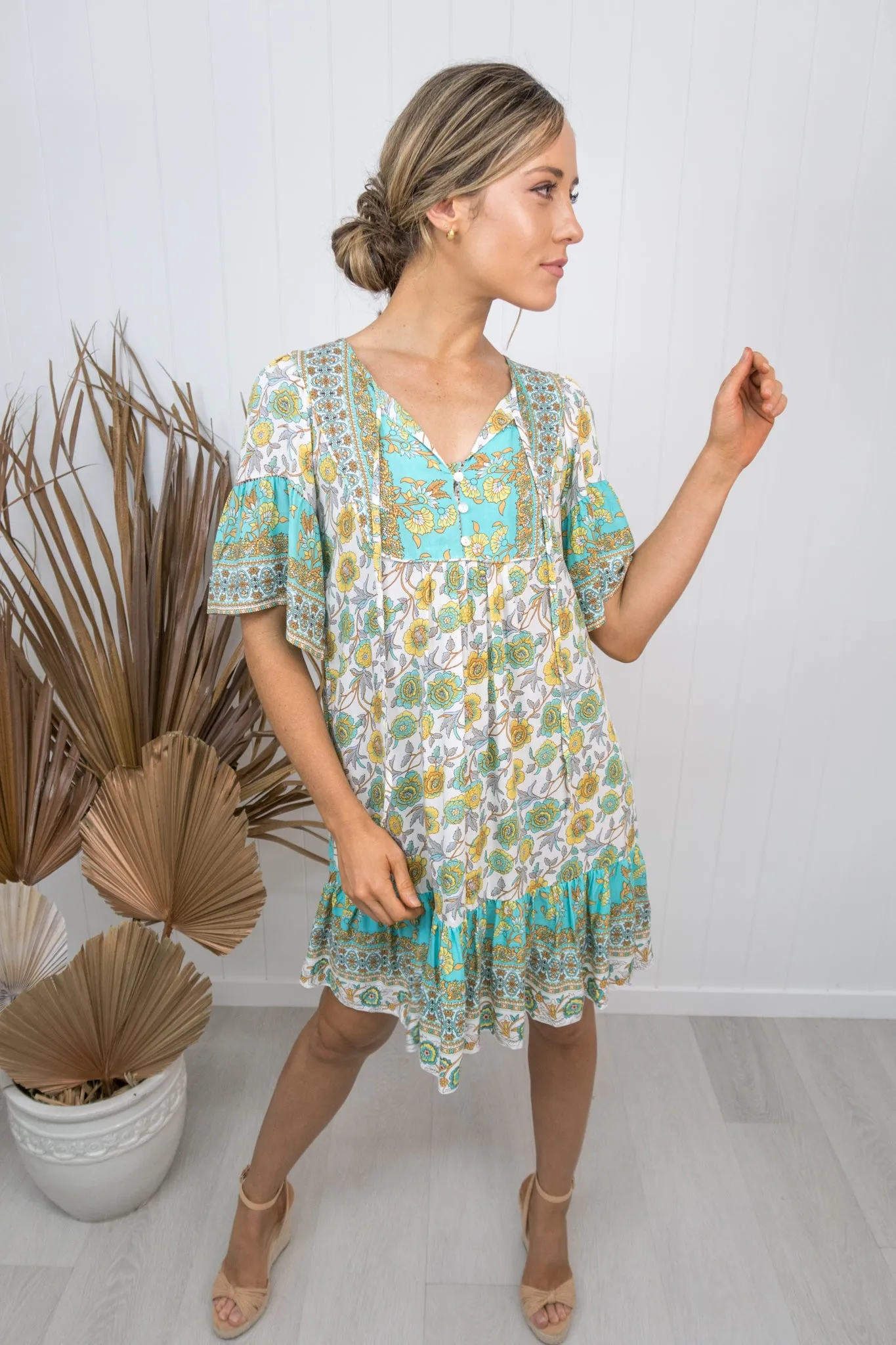 Esme Dress - Teal/yellow