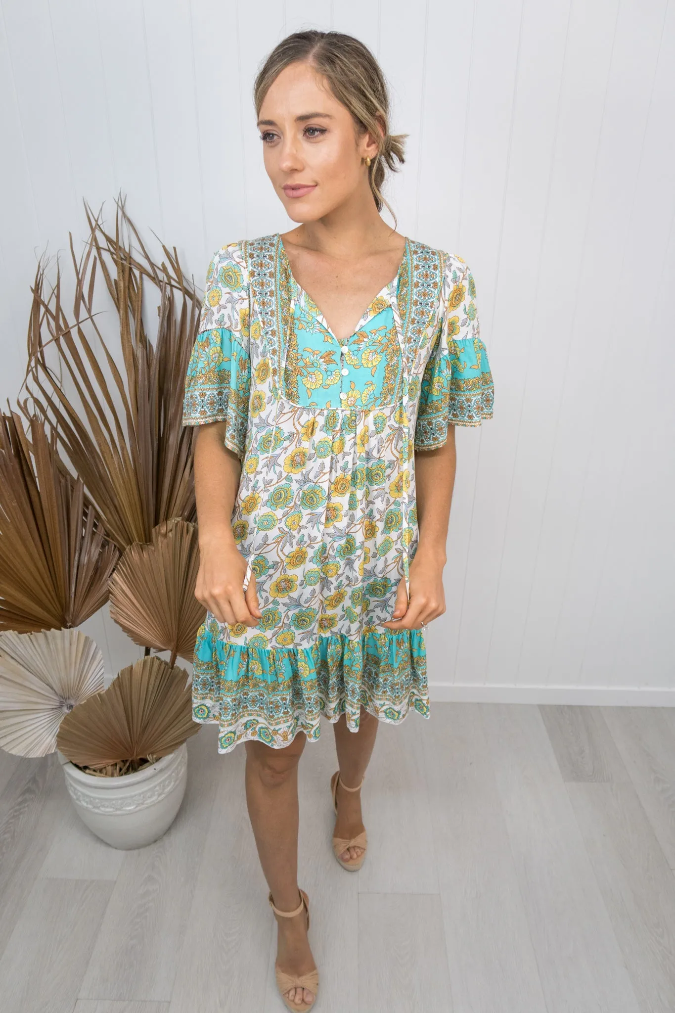 Esme Dress - Teal/yellow