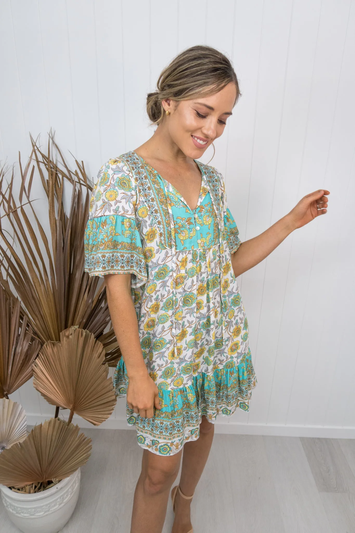 Esme Dress - Teal/yellow
