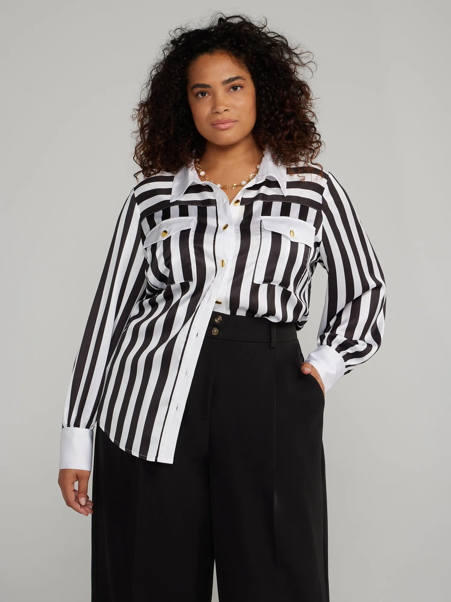 Fashion To Figure - Double Pocket Striped Button-Down Shirt