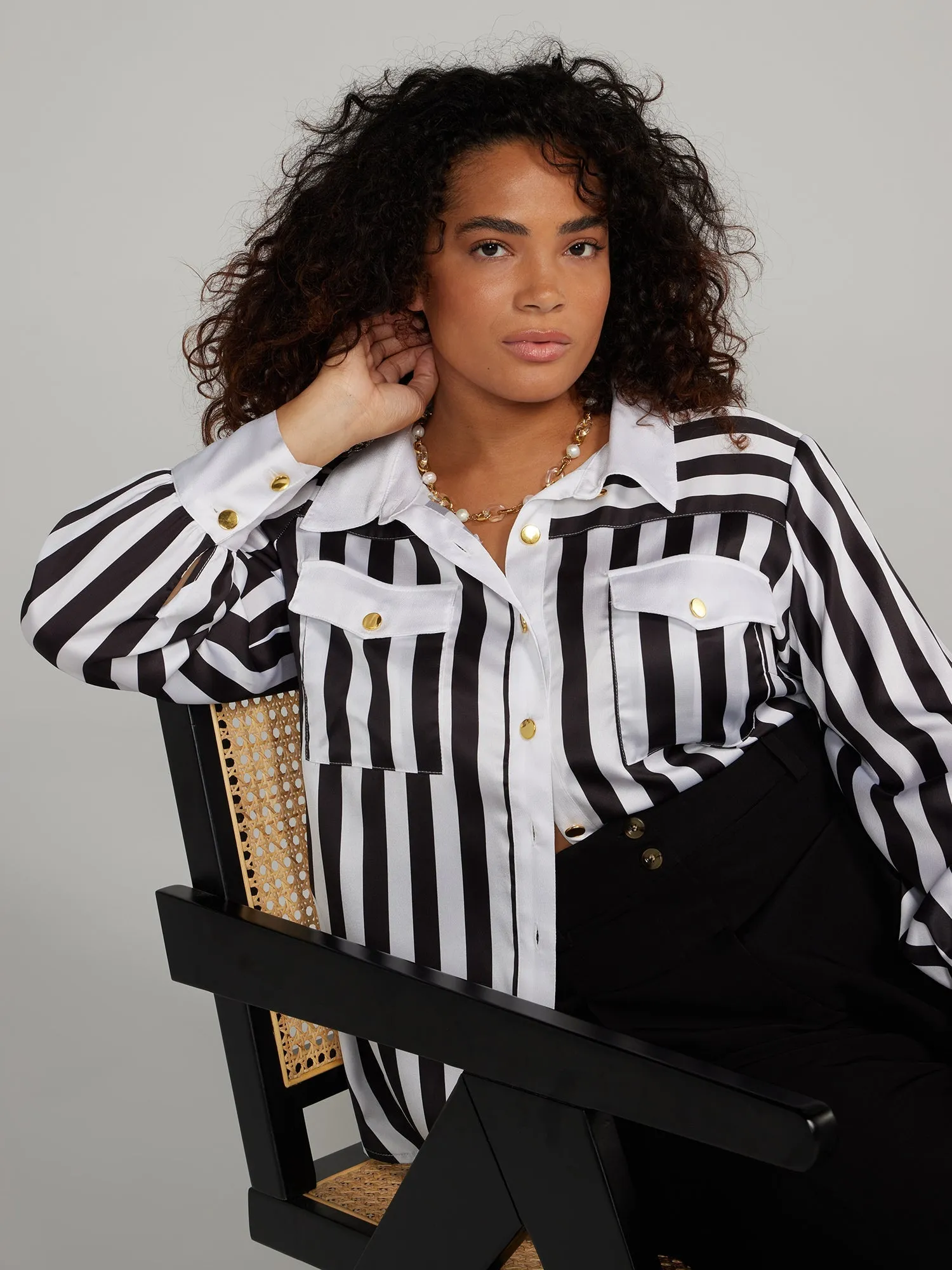 Fashion To Figure - Double Pocket Striped Button-Down Shirt