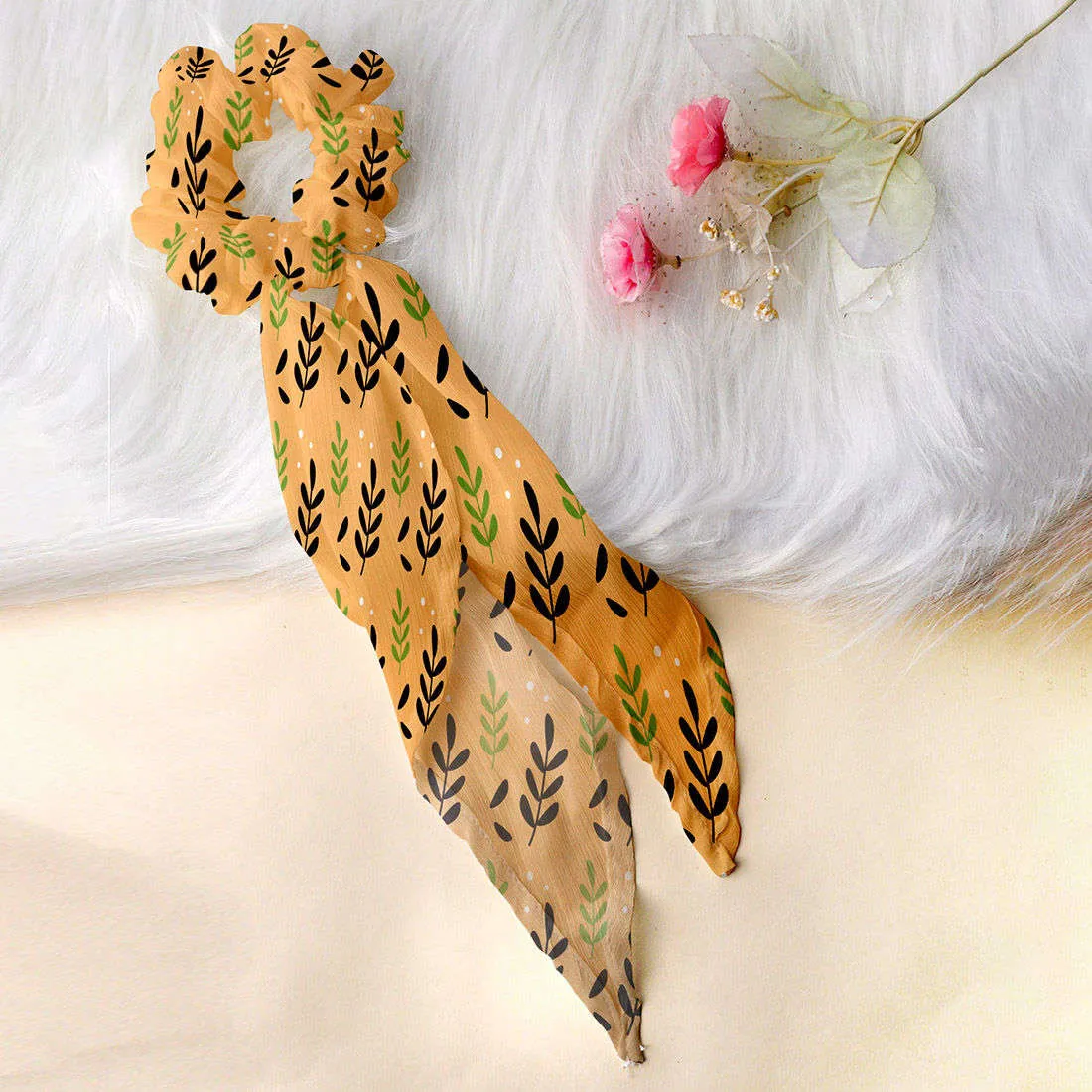 Ferosh Beige Leaf Printed Scarf Scrunchie