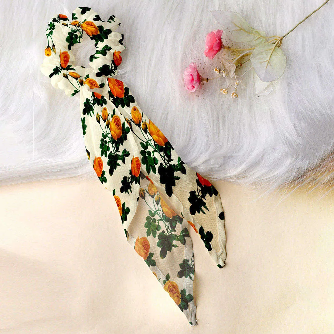 Ferosh White- Orange Floral Printed Scarf Scrunchie