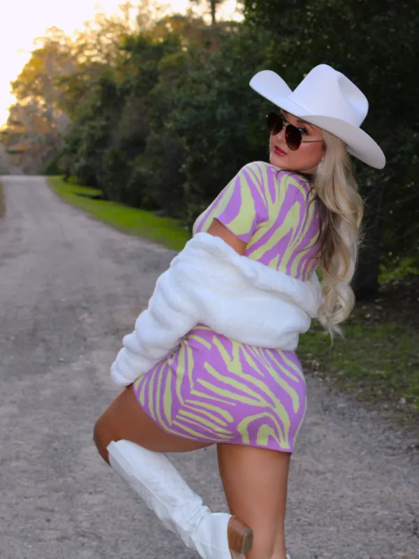 Funky Town Two Piece Dress Knit Set Zebra Pattern, Purple/Green