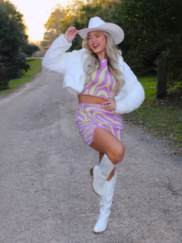 Funky Town Two Piece Dress Knit Set Zebra Pattern, Purple/Green