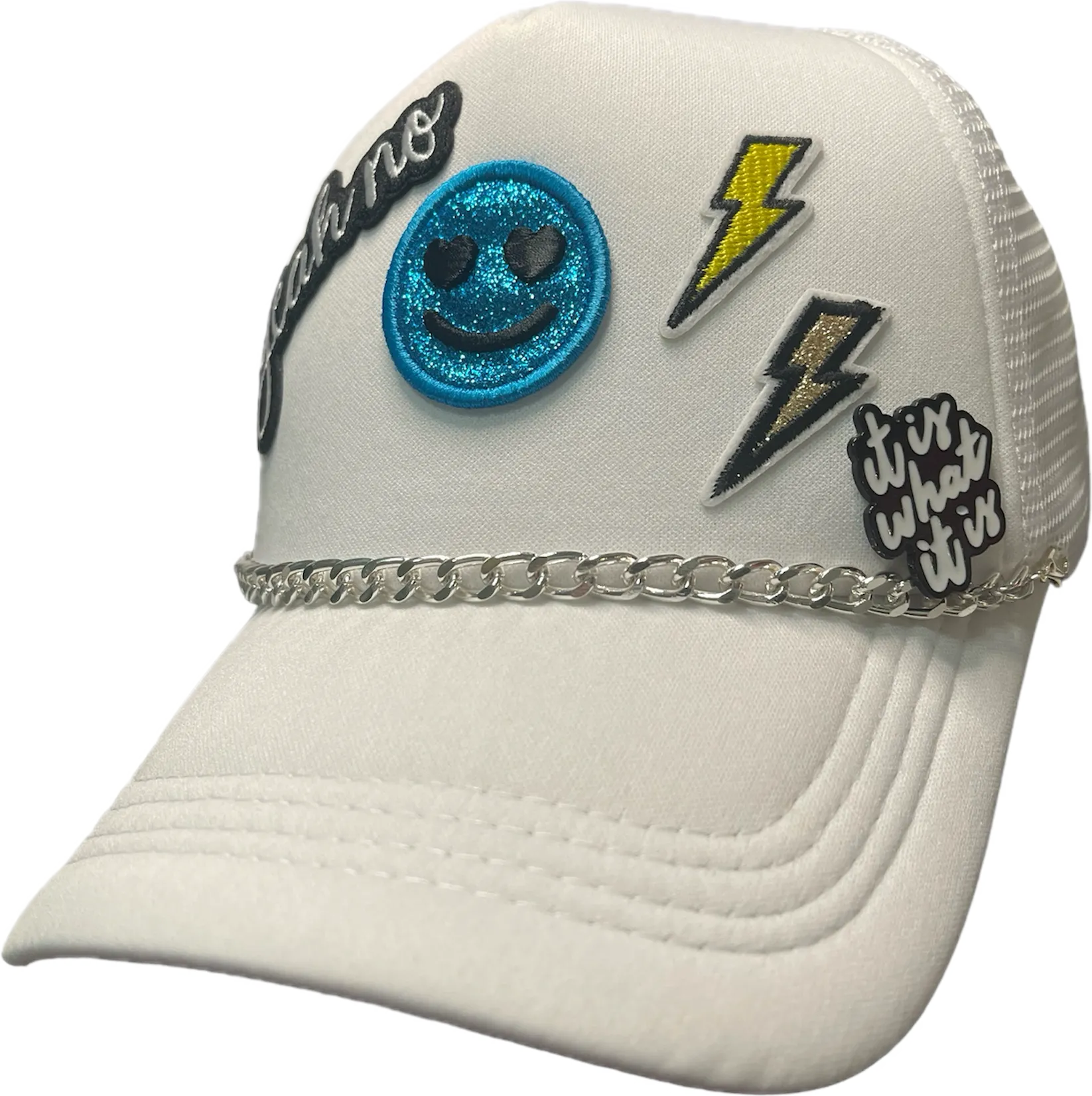 GLITTER HEART SMILEY FACE PATCH TRUCKER HAT W/ HAT CHARM