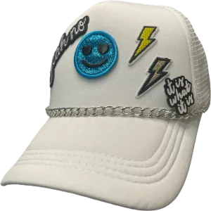 GLITTER HEART SMILEY FACE PATCH TRUCKER HAT W/ HAT CHARM