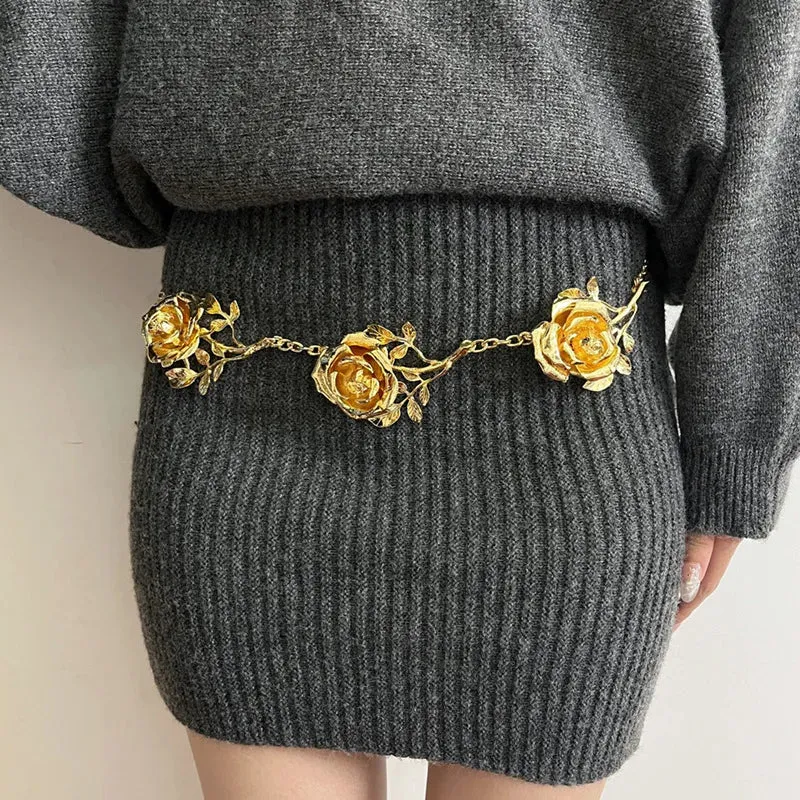 Gold Color Rose Waist chain women's advanced sense of metal chain thin belt accessories