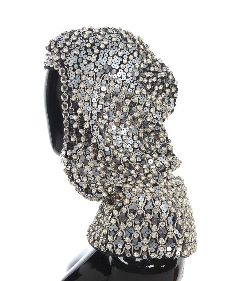 Gray Wool Crystal Sequined Hood Scarf Hat