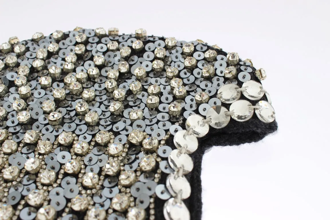 Gray Wool Crystal Sequined Hood Scarf Hat