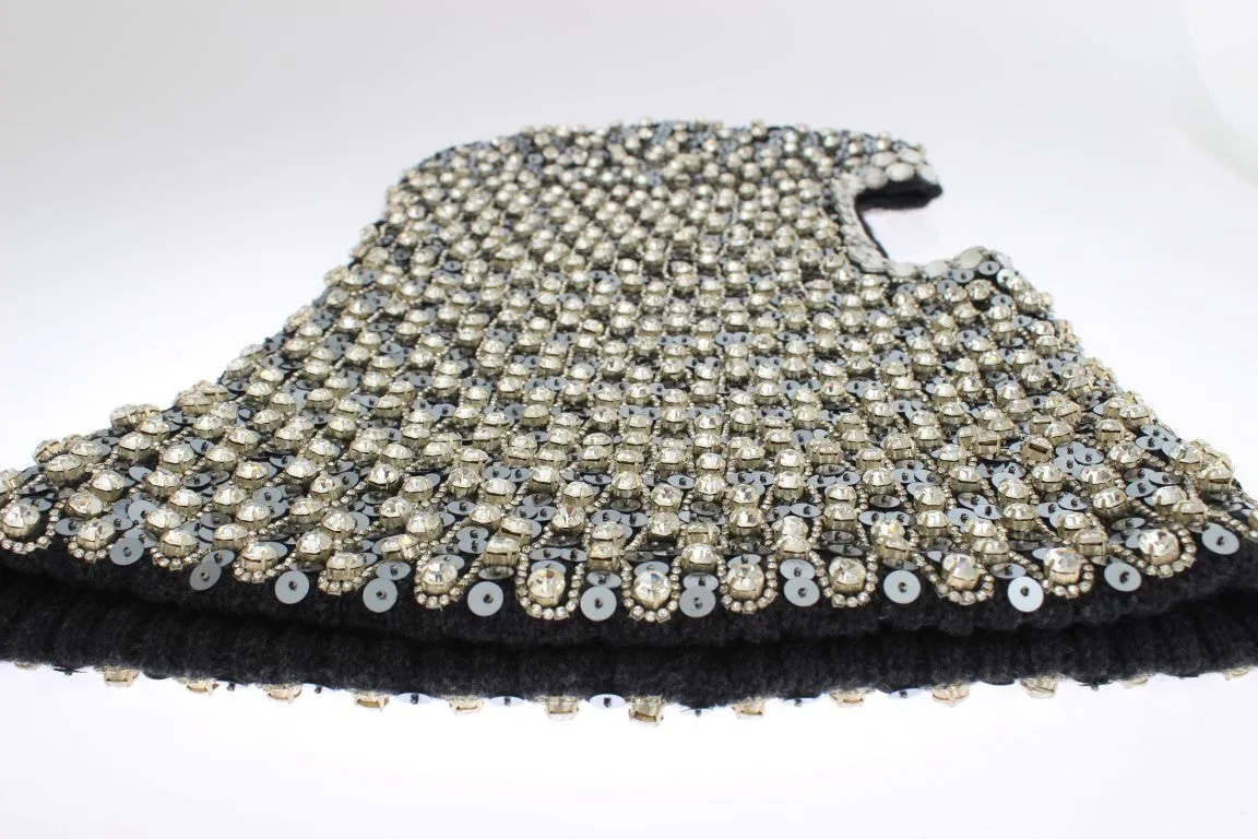 Gray Wool Crystal Sequined Hood Scarf Hat