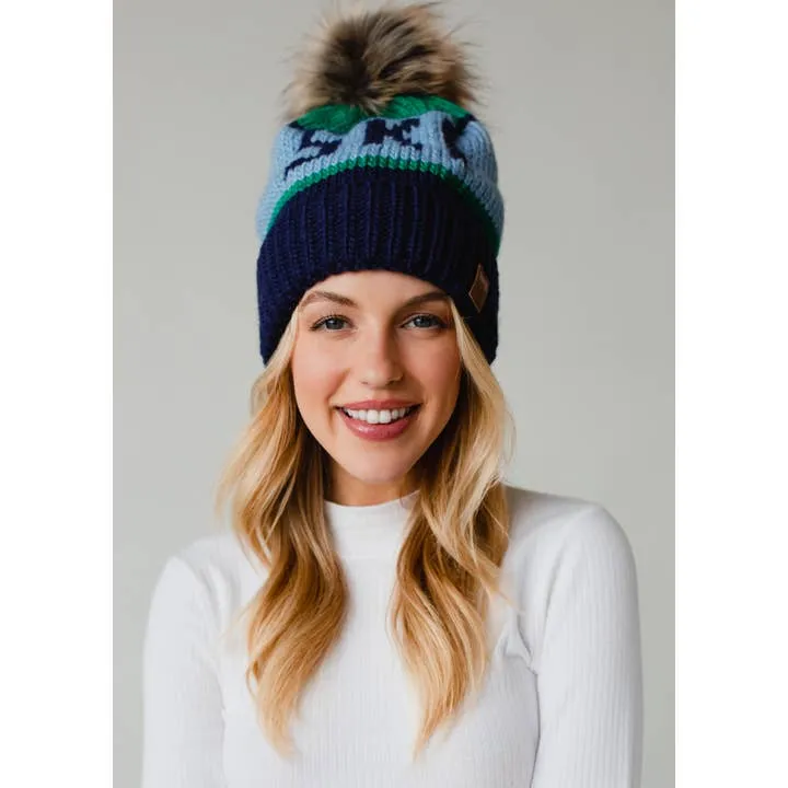 Green, Light Blue and Navy Ski Pom Hat