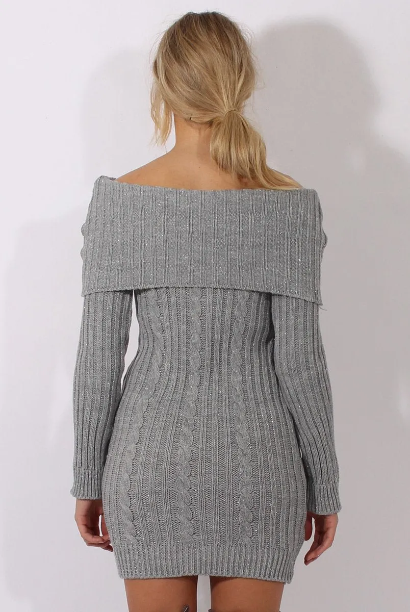 Grey Sparkle Knit Bardot Jumper Dress - Kasey