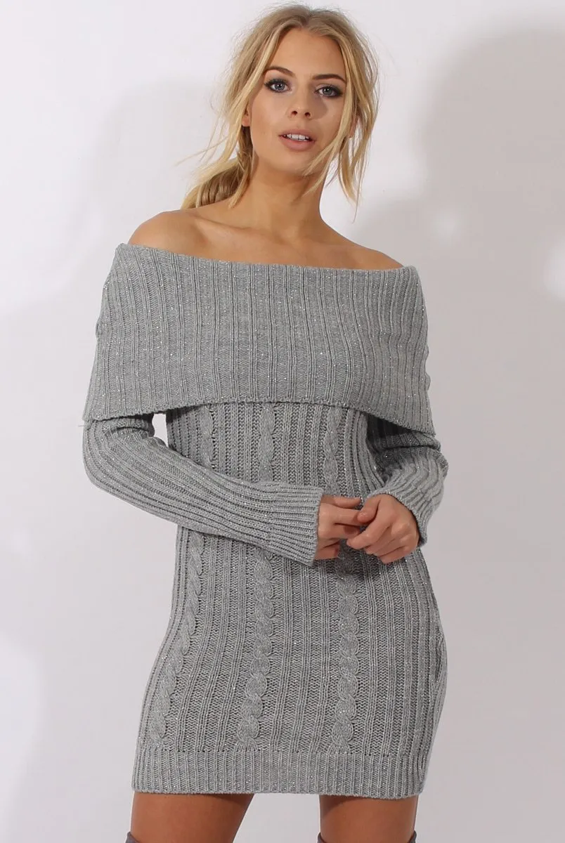 Grey Sparkle Knit Bardot Jumper Dress - Kasey