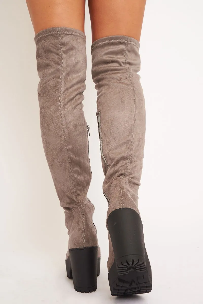 Grey Suede Platform Knee High Boots - Sandy