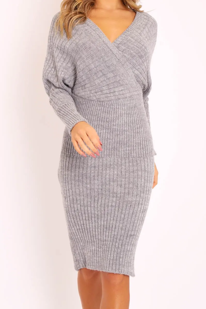 Grey Wrap Front Midi Jumper Dress - Edan