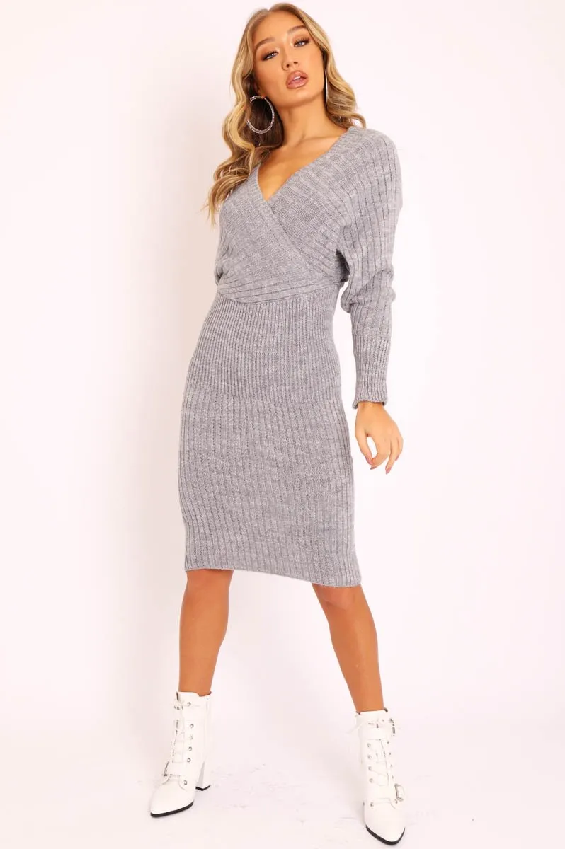 Grey Wrap Front Midi Jumper Dress - Edan