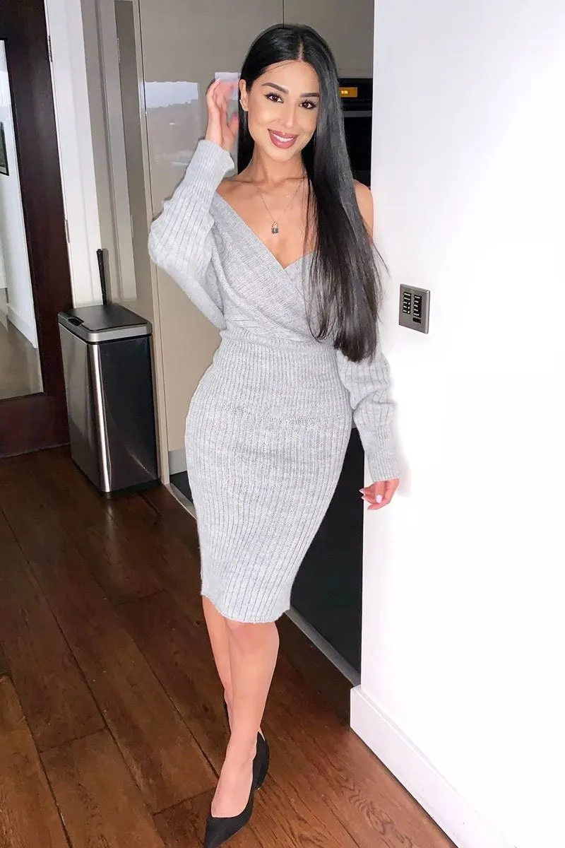 Grey Wrap Front Midi Jumper Dress - Edan