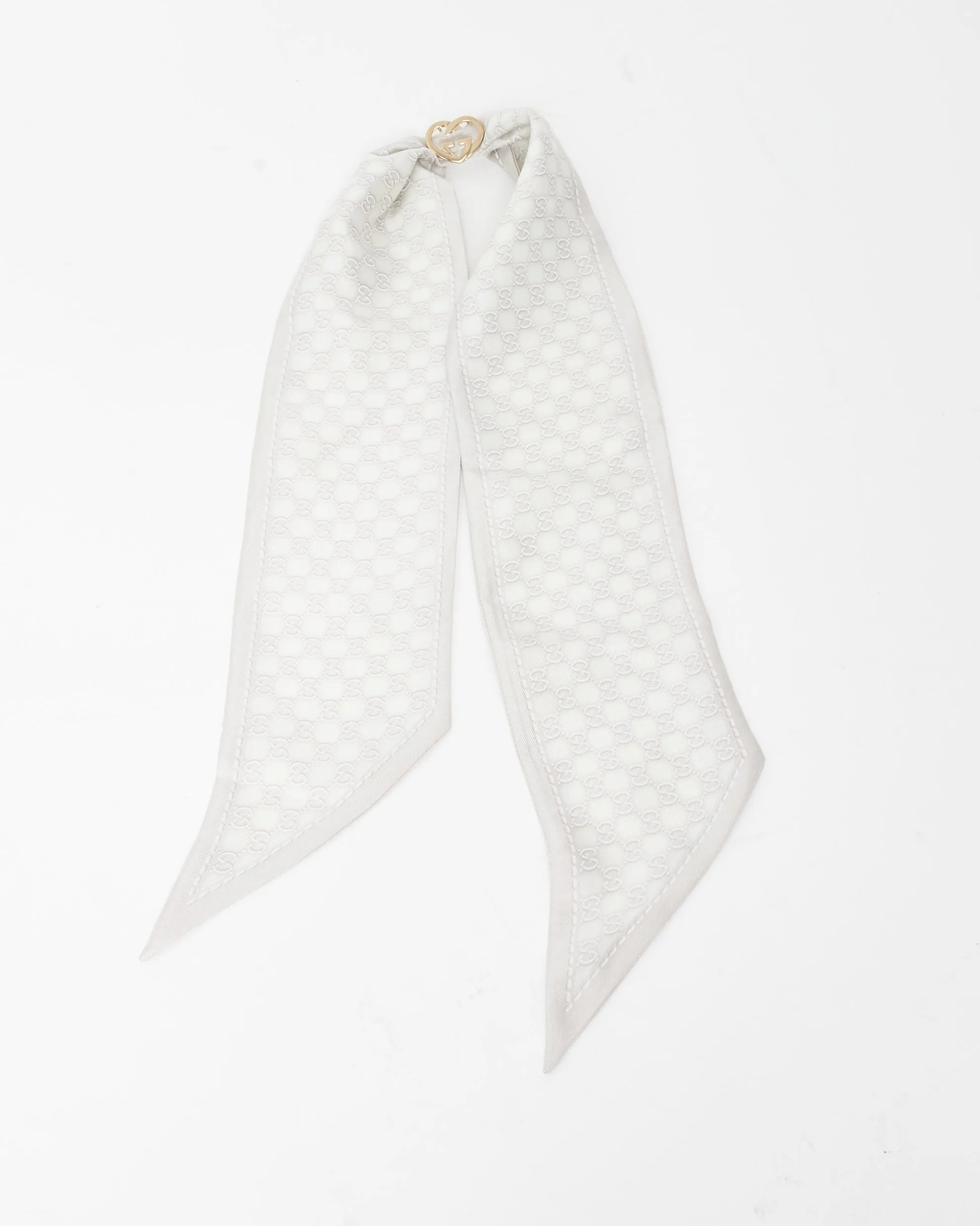 Gucci Light Grey Silk Monogram Heart Charm Neck Scarf