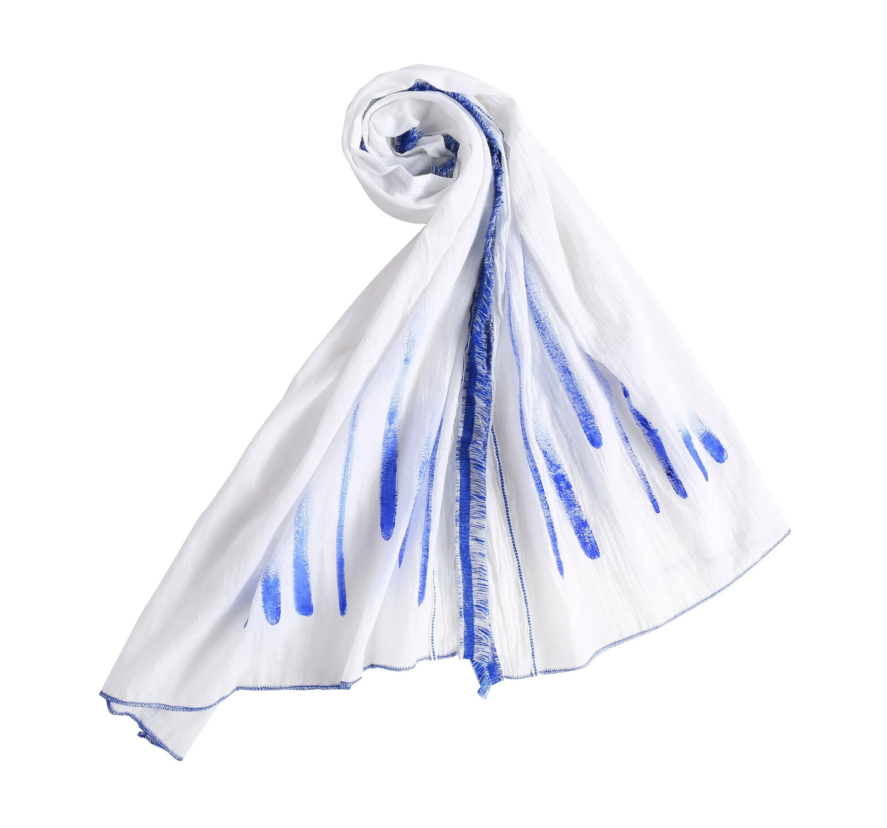 Hand Painted White Cotton Scarf, White Cotton Scarf with Azure Stripe pattern, Spring Summer Scarf