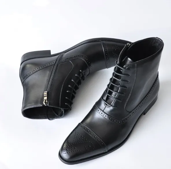 Handmade Black Brogue Oxfords with Side Zipper for Men