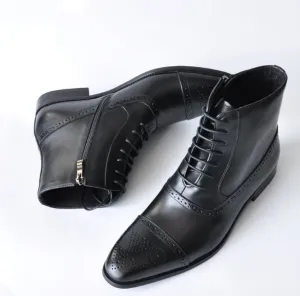 Handmade Black Brogue Oxfords with Side Zipper for Men