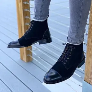 Handmade Men's Navy Blue Leather & Suede Ankle Boots