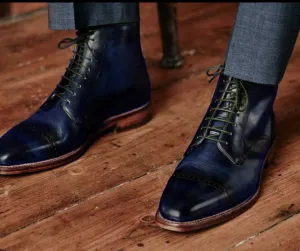 Handmade Navy Blue Lace-Up Leather Ankle Boots