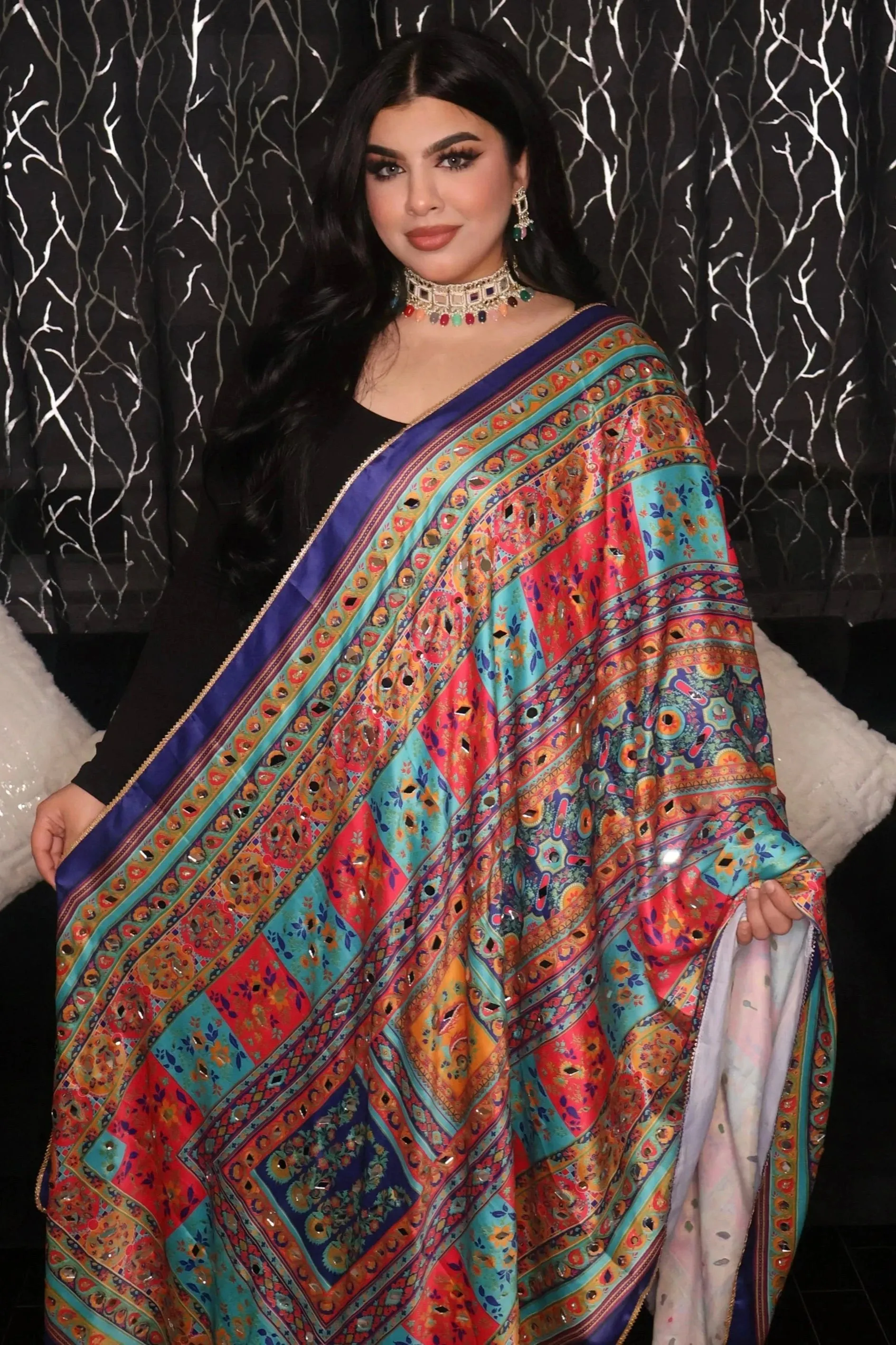 Handmade Pakistani Embroidered Scarf with Mirrors