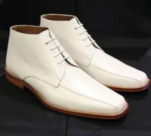 Handmade White Leather Chukka Boots for Men
