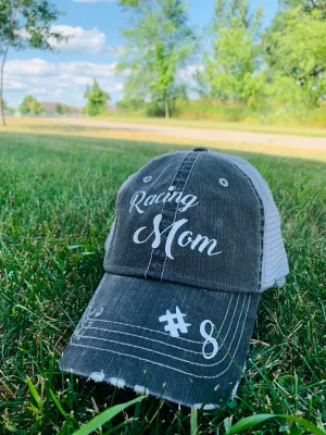Hats Racing mom RACE Personalize with names numbers bling Raceday Womens gray trucker caps