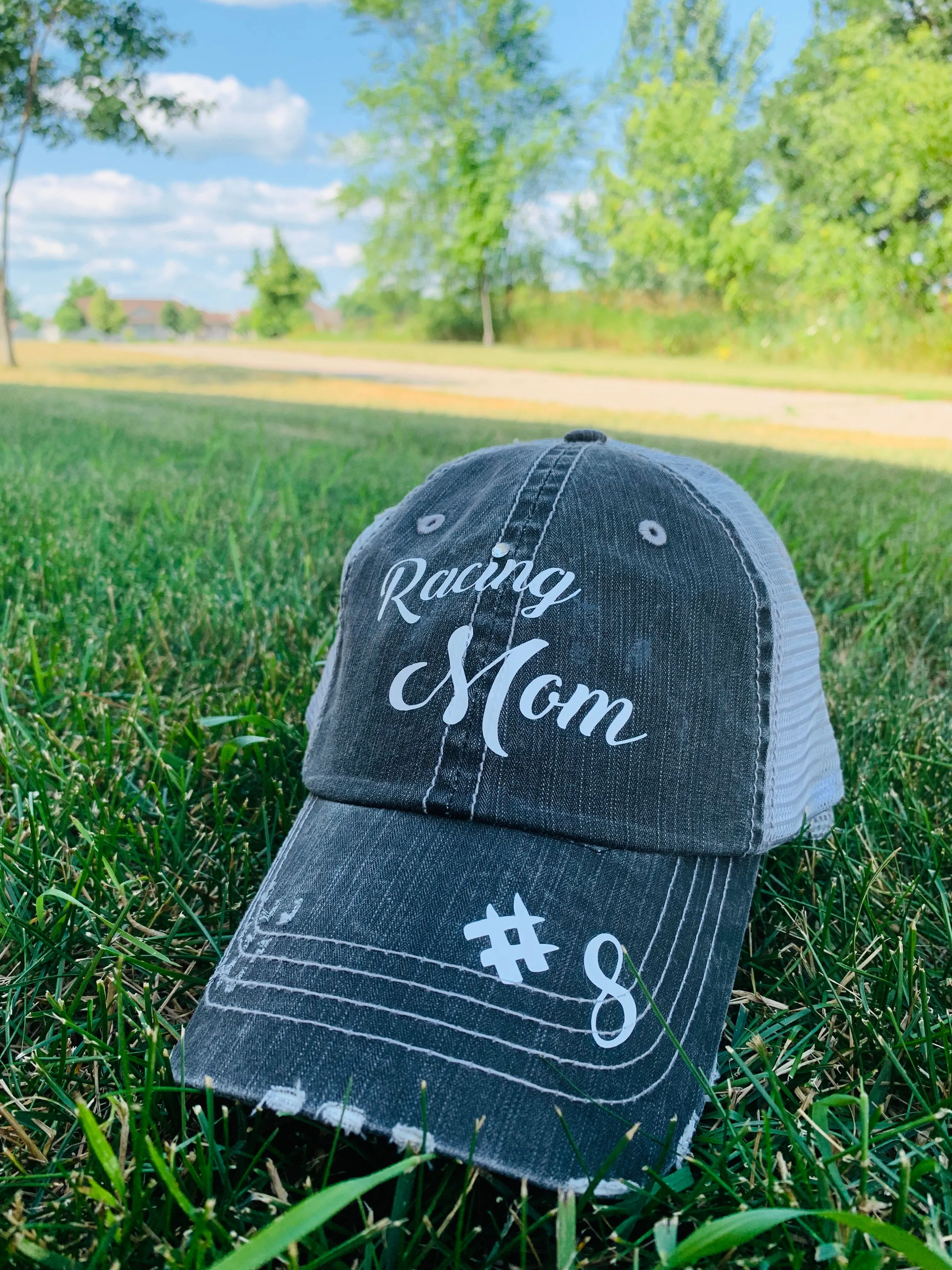 Hats Racing mom RACE Personalize with names numbers bling Raceday Womens gray trucker caps