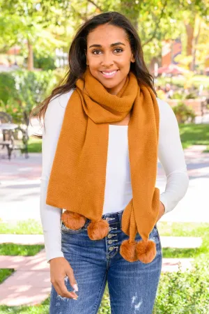 Hazel Blues® | Knitted Fuzzy Pom Pom Scarf In Ginger