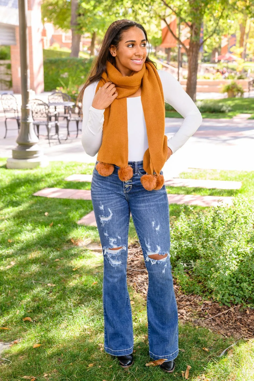 Hazel Blues® | Knitted Fuzzy Pom Pom Scarf In Ginger