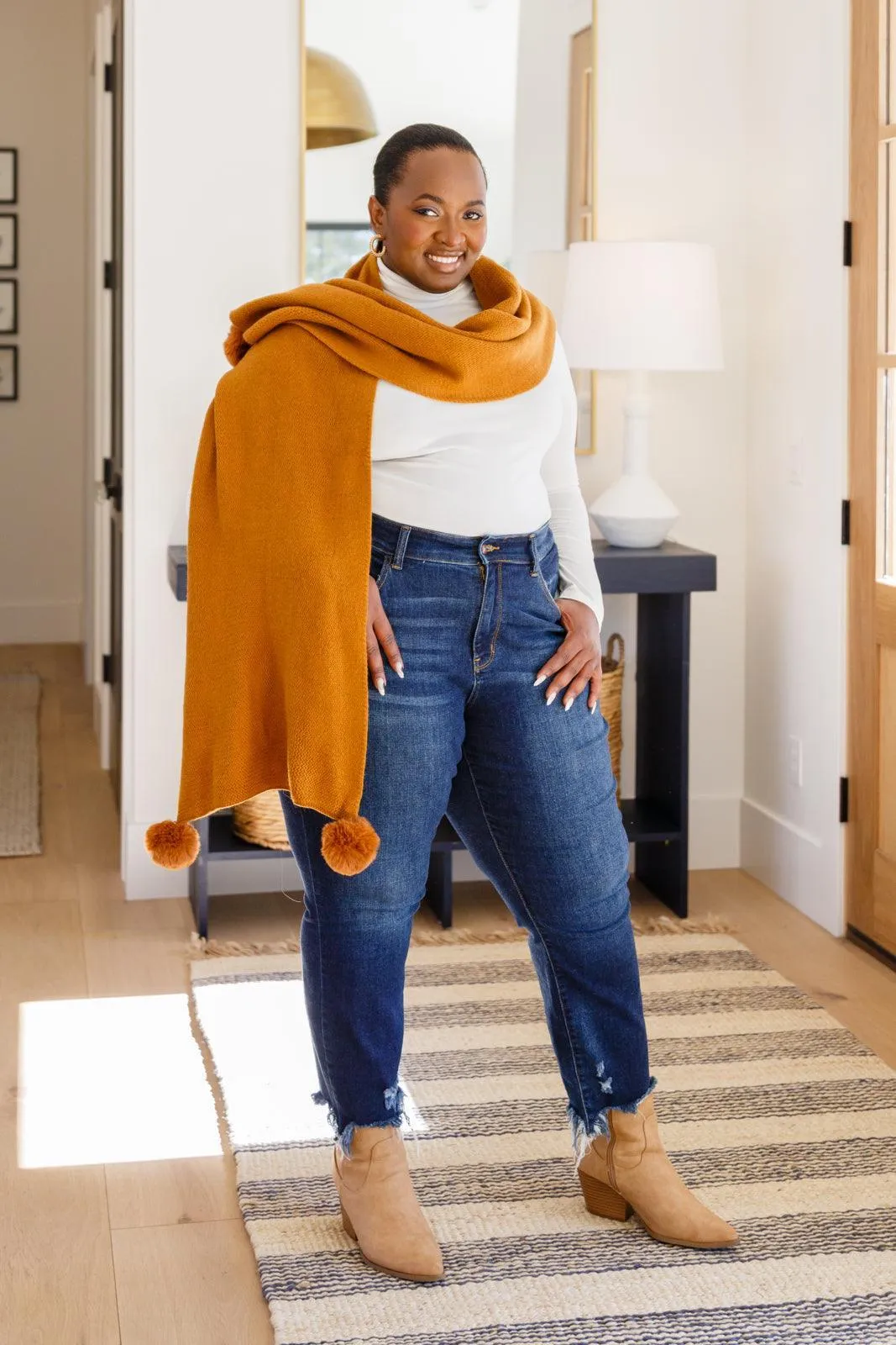 Hazel Blues® | Knitted Fuzzy Pom Pom Scarf In Ginger