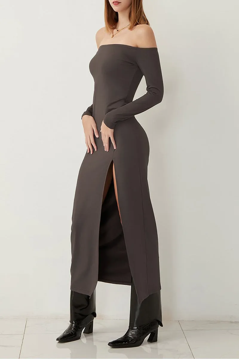 HBR1223 Off-Shoulder Slit Maxi Dress