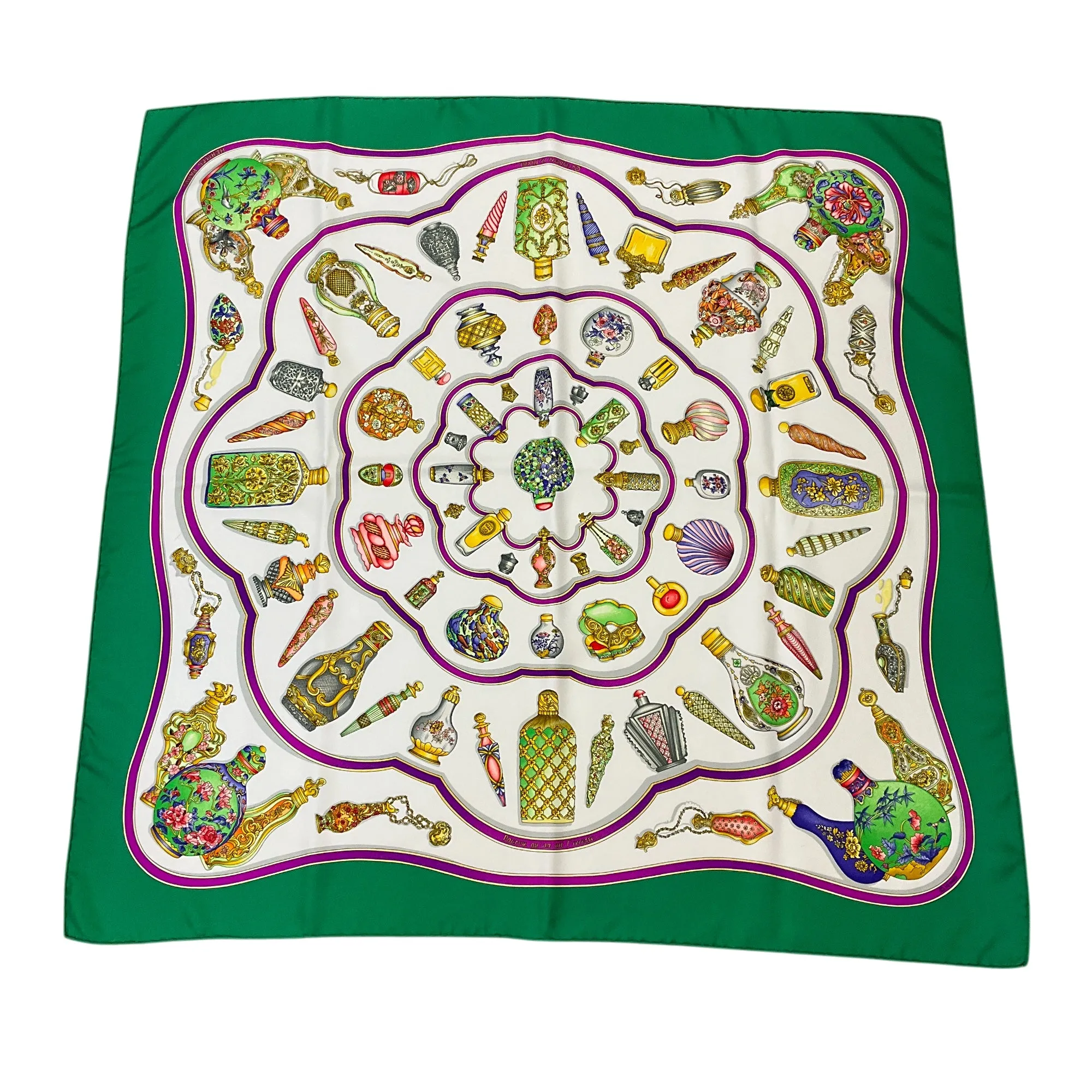 Hermes Green Multi Qu'Importe Le Flacon Print Square Silk Twill Scarf