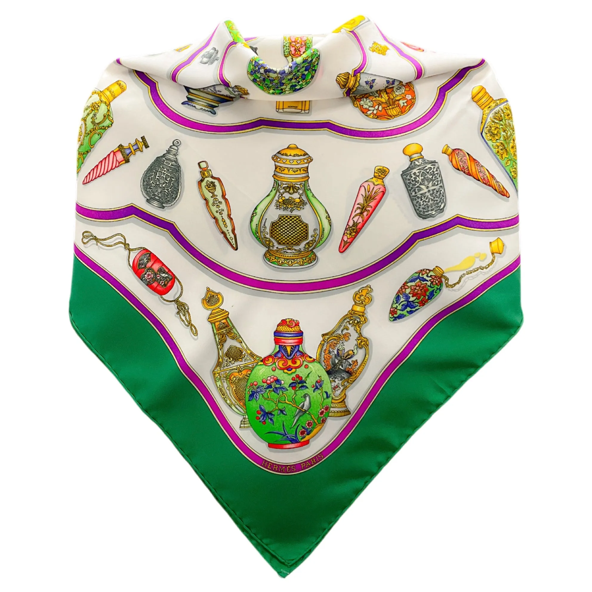 Hermes Green Multi Qu'Importe Le Flacon Print Square Silk Twill Scarf