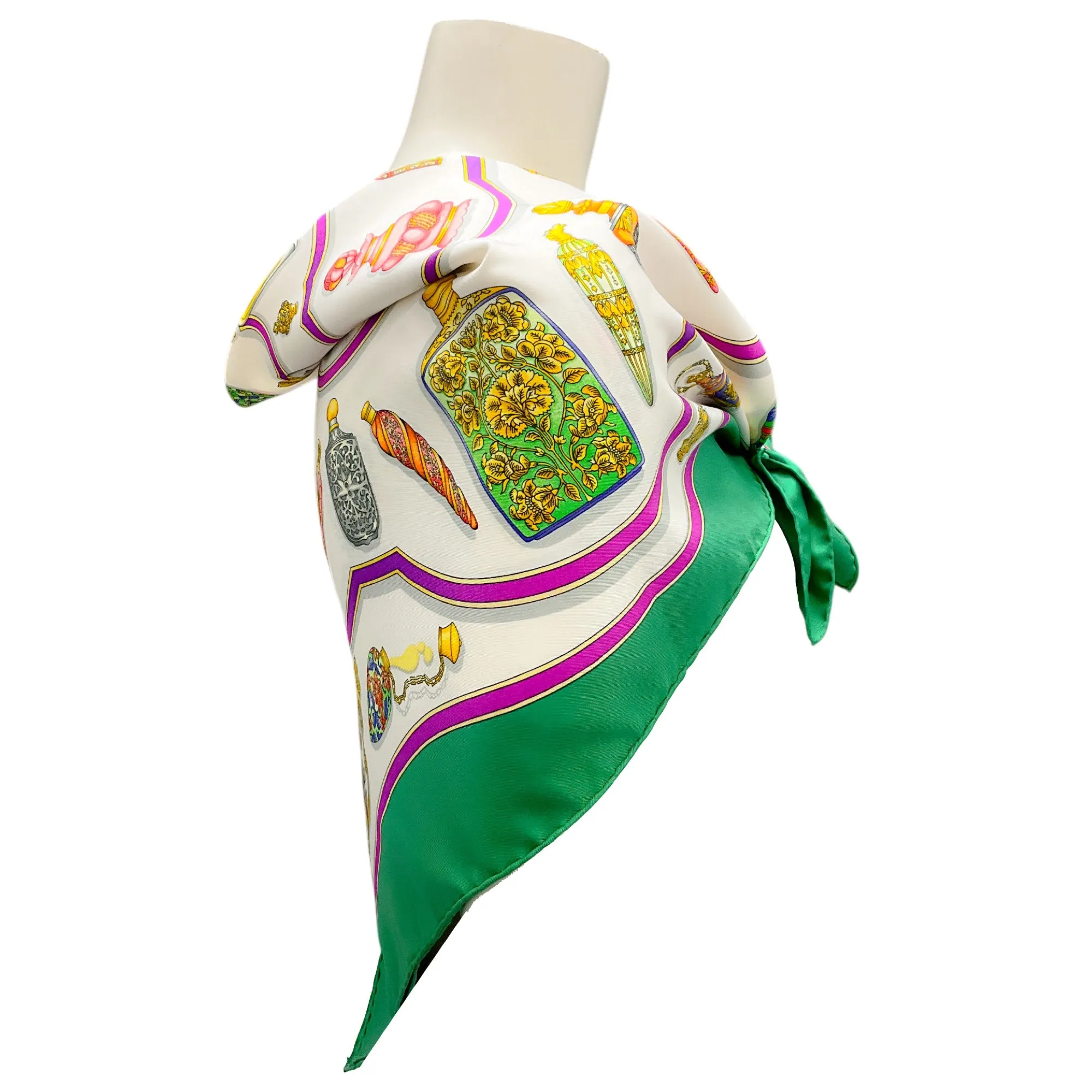 Hermes Green Multi Qu'Importe Le Flacon Print Square Silk Twill Scarf