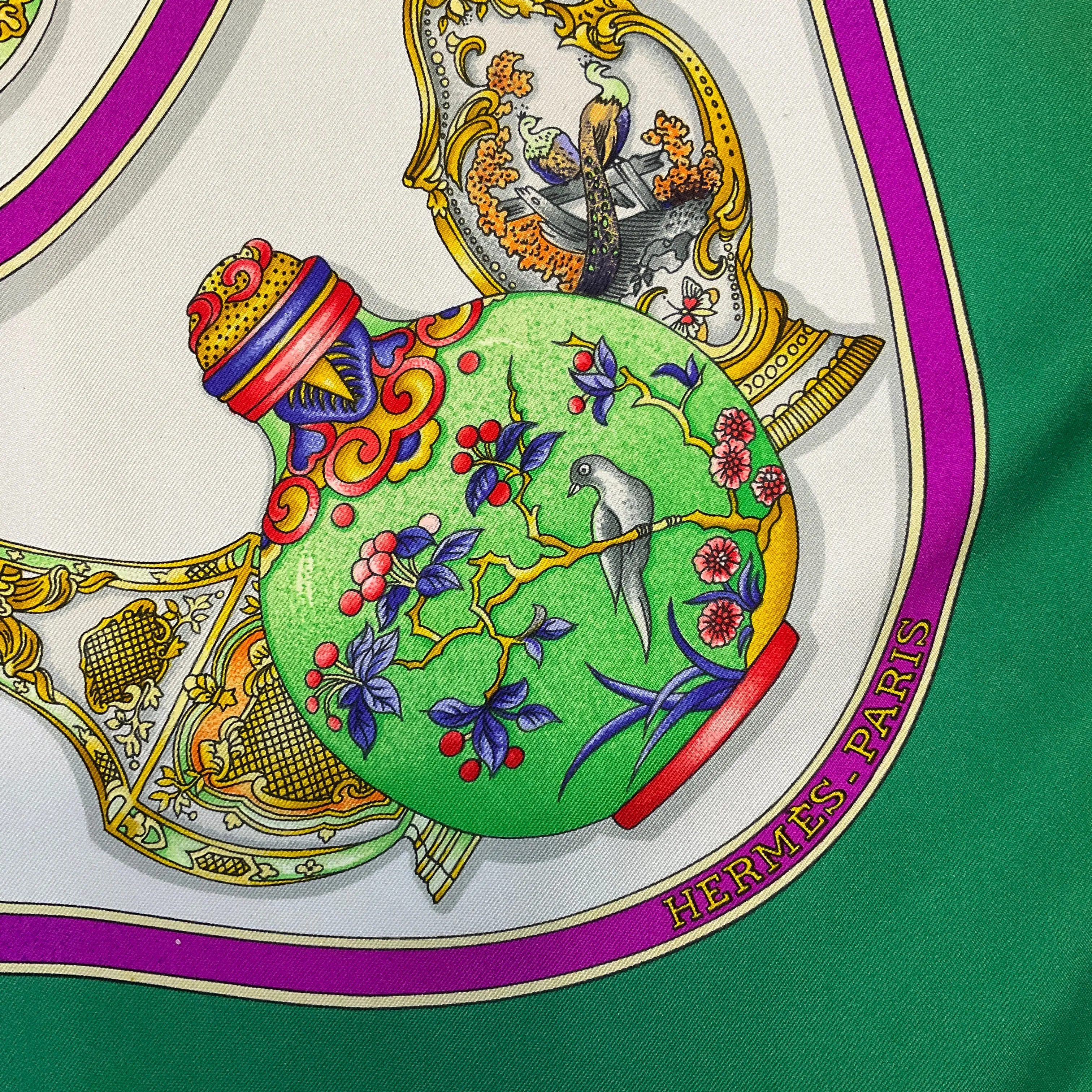 Hermes Green Multi Qu'Importe Le Flacon Print Square Silk Twill Scarf