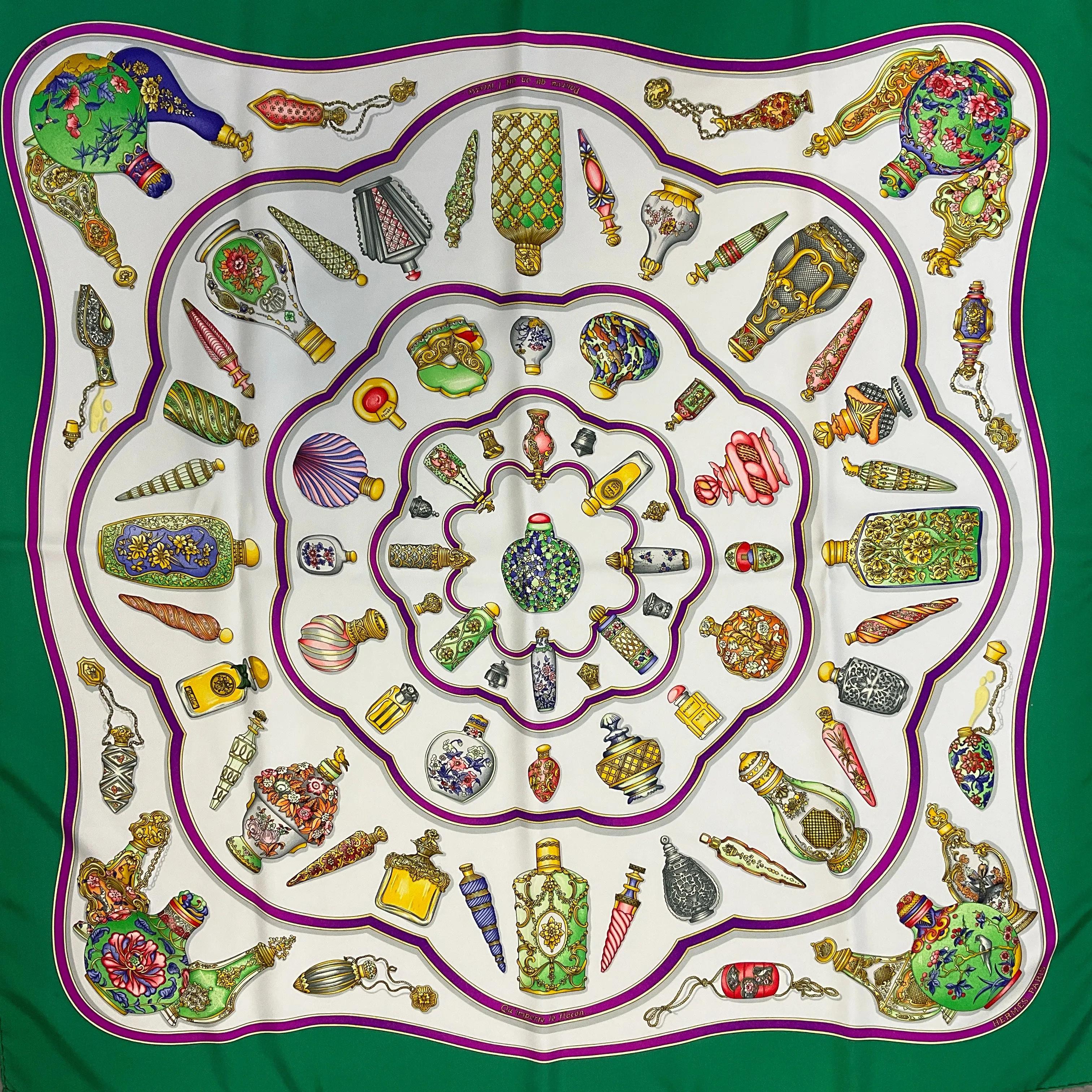 Hermes Green Multi Qu'Importe Le Flacon Print Square Silk Twill Scarf