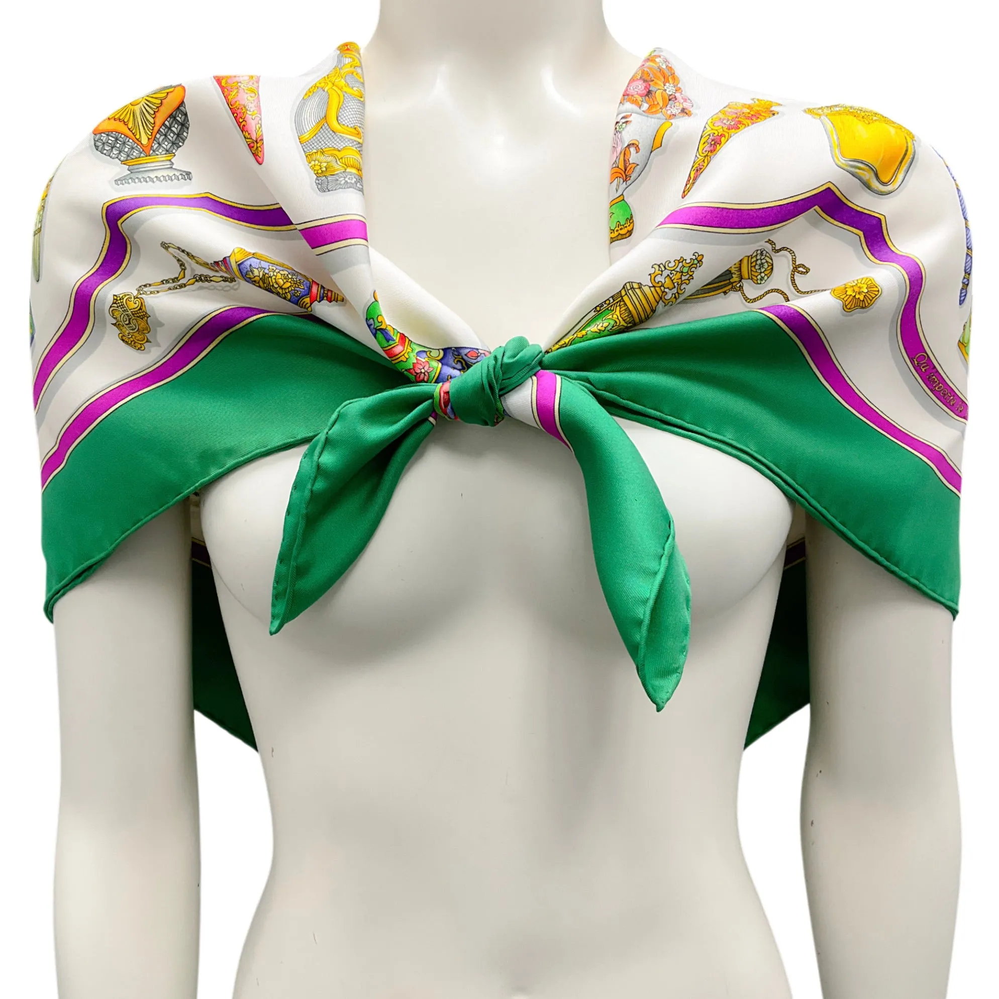 Hermes Green Multi Qu'Importe Le Flacon Print Square Silk Twill Scarf