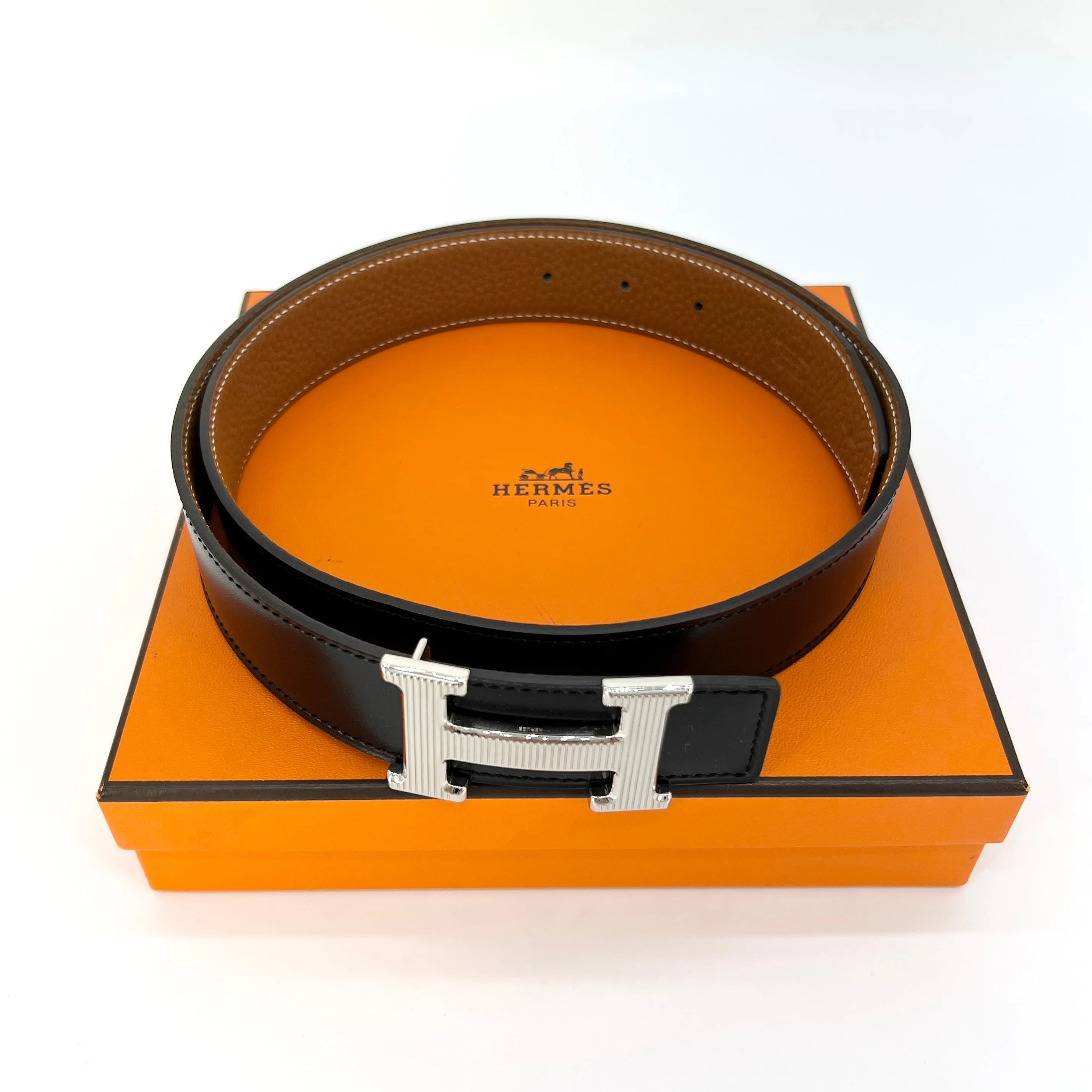 Hermes H Strie Buckle Reversible Belt Leather Medium 85 Black/Brown [Guaranteed Authentic]