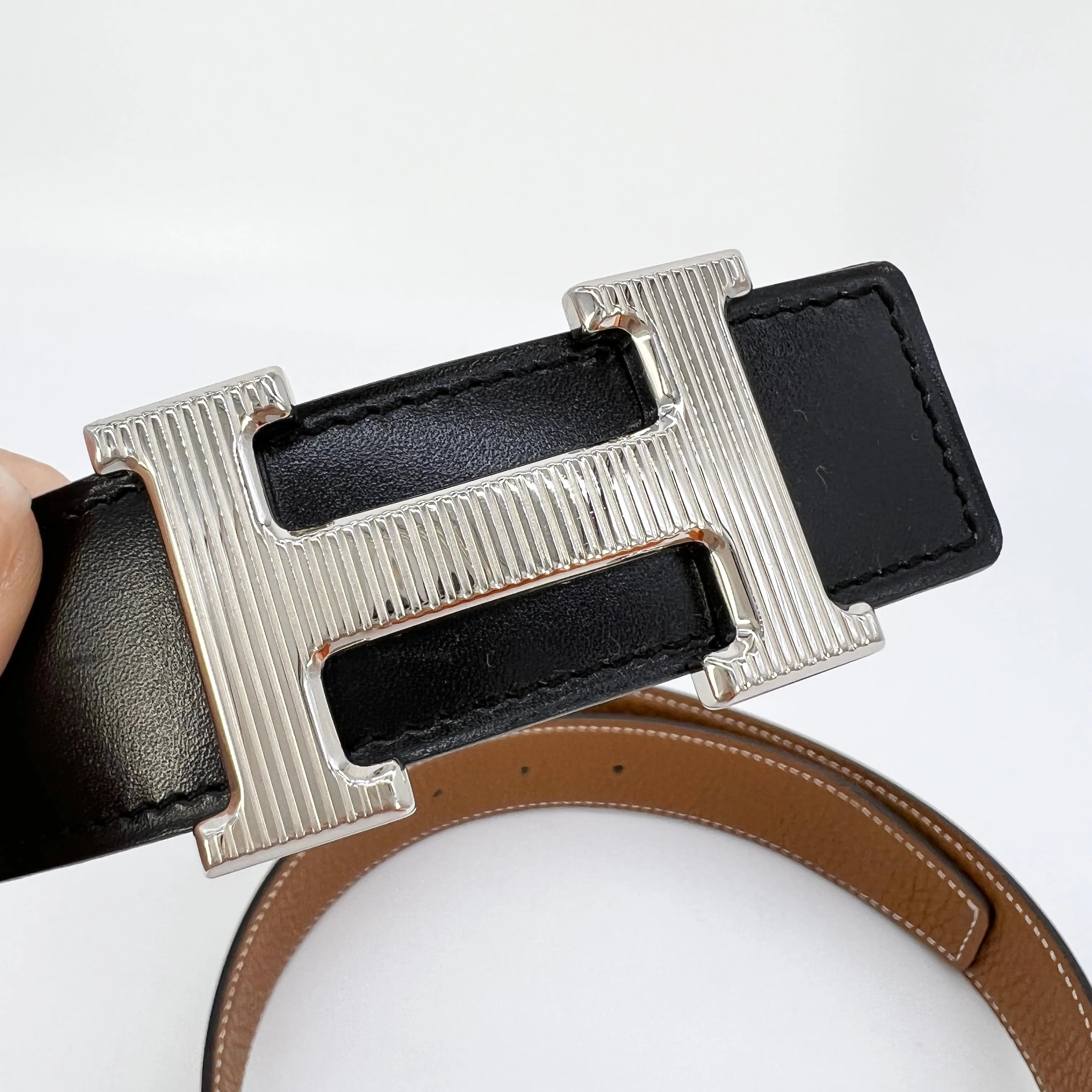Hermes H Strie Buckle Reversible Belt Leather Medium 85 Black/Brown [Guaranteed Authentic]