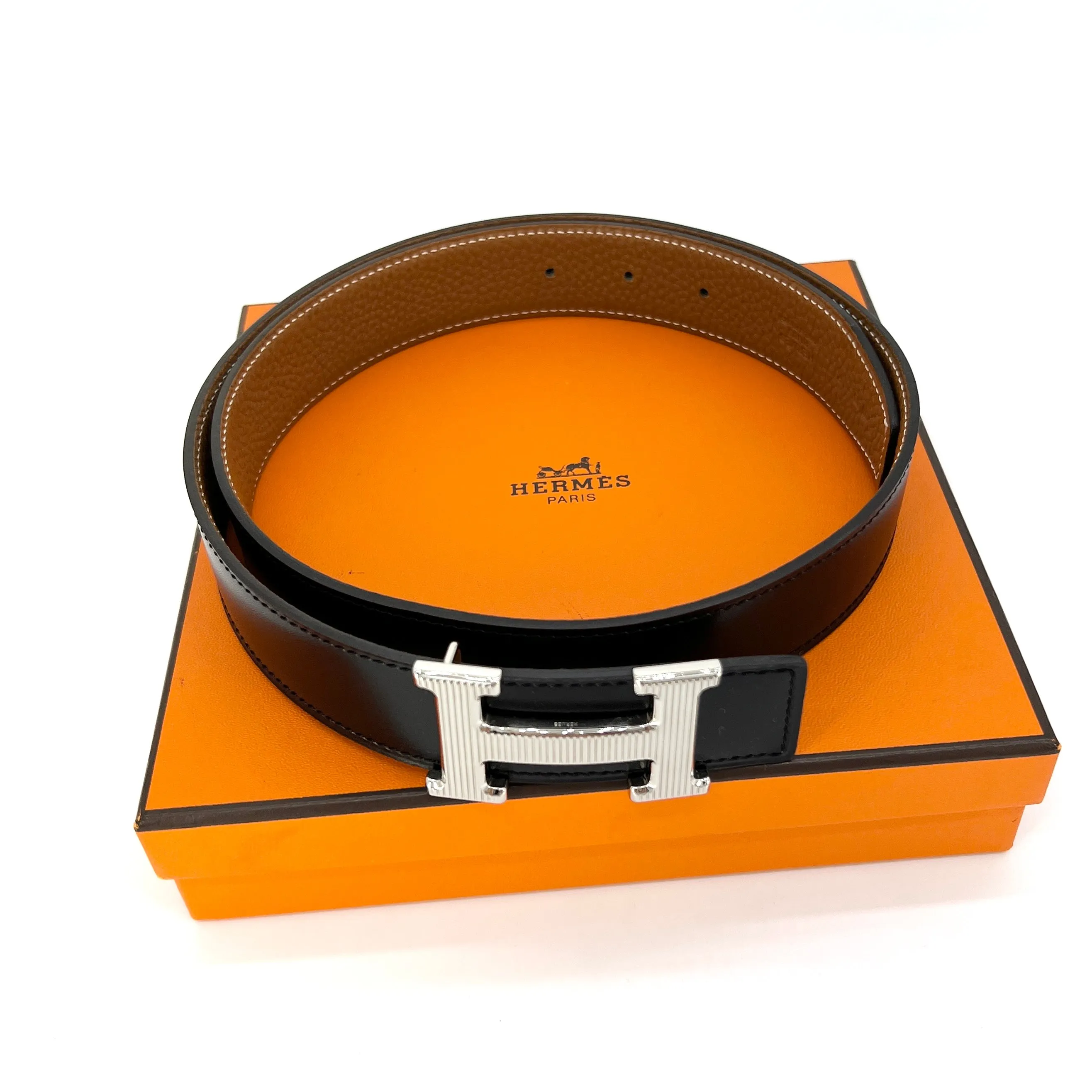Hermes H Strie Buckle Reversible Belt Leather Medium 85 Black/Brown [Guaranteed Authentic]