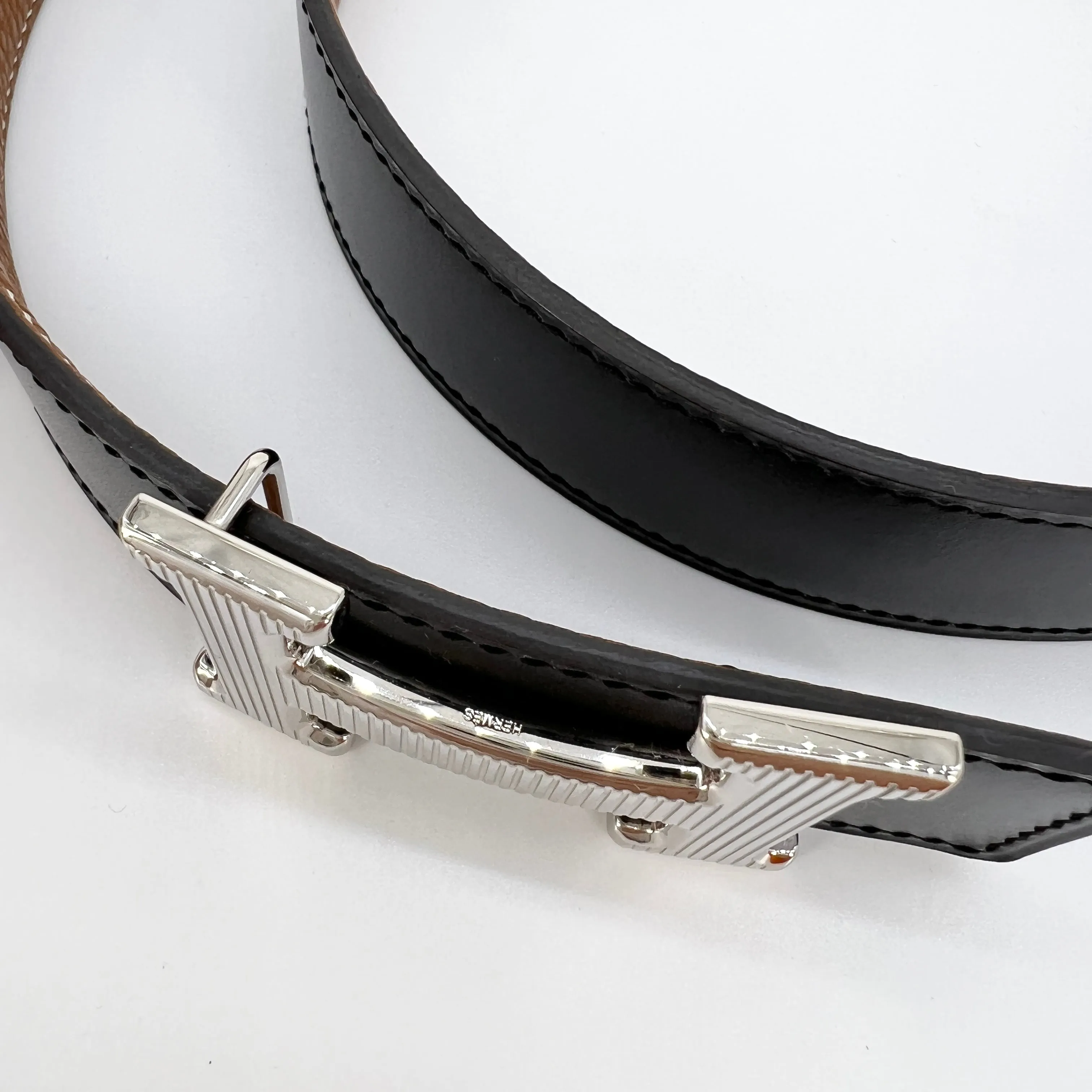 Hermes H Strie Buckle Reversible Belt Leather Medium 85 Black/Brown [Guaranteed Authentic]