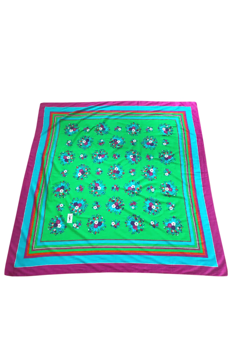 Huge 1970s Yves Saint Laurent Green & Pink Floral Cotton and Silk Scarf
